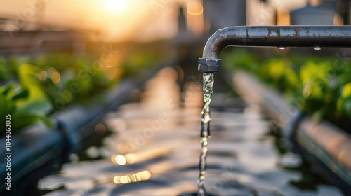 Water flows from metal pipe into serene aquaponics system, surrounded by lush green plants. warm sunlight creates tranquil atmosphere, highlighting harmony of nature and technology