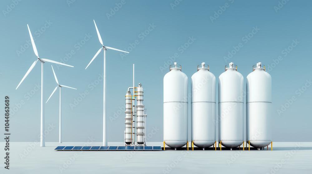 Fototapeta premium Modern industrial hydrogen production plant featuring large storage tanks and wind turbines in clean energy environment. This setup emphasizes sustainable energy solutions and innovation