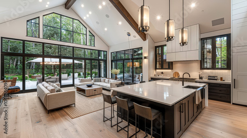 Modern living room with minimalist country design featuring large windows, spacious kitchen island, and elegant lighting. open layout creates warm and inviting atmosphere