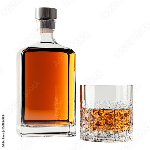 Whiskey Decanter and Glass: A sophisticated still life featuring a crystal decanter of amber whiskey and a cut-glass tumbler, perfect for advertising or editorial use.  photo