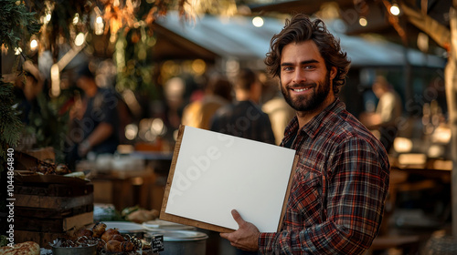 man in plaid shirt smiles warmly while holding blank sign at festive outdoor market. atmosphere is lively, filled with people and seasonal decorations, creating joyful ambiance photo