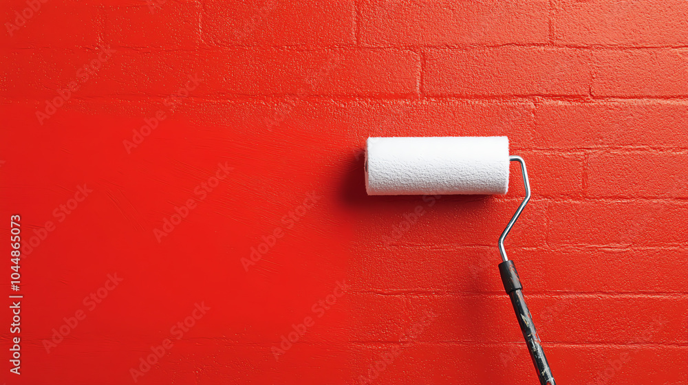 Obraz premium A paint roller applying fresh paint to a vibrant red brick wall, showcasing the process of home renovation and interior design.