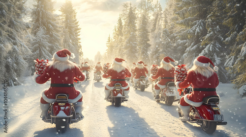 Group of Santa Clauses riding his scooter carrying gifts in winter forest and sunset in the background. Concept of technology, delivery, logistics, innovation and Christmas.