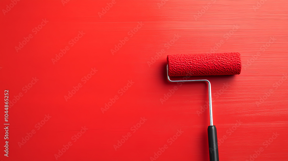 Obraz premium A paint roller with a textured surface on a freshly painted red wall, showcasing the tools of DIY home improvement.