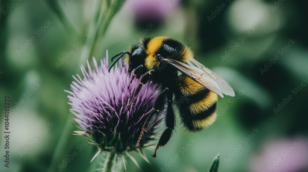 Bumblebee on Purple Thistle Flower Close-Up Bumblebee on Purple Thistle Flower Close-Up
