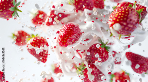 Strawberry smoothie. Delicious sweet strawberry milkshake. Close-up of strawberries and milk splattered in the air. A natural snack. Healthy eating