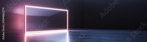 Futuristic scene featuring a glowing rectangular frame against a dark background, creating a sense of depth and modernity.