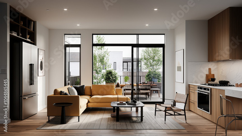 Modern pastel themed living room featuring yellow sofa, large windows, and stylish kitchen. space is bright and inviting, perfect for relaxation and social gatherings