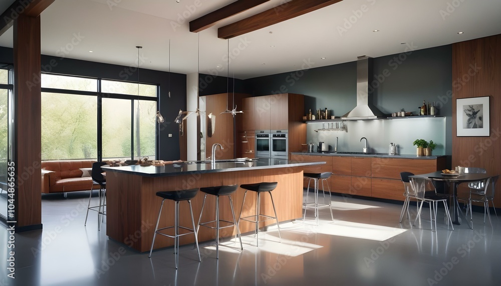 Fototapeta premium a sleek modern house interior featuring a combination of wood and metal elements, with exposed beams, industrial-style furniture, and a large kitchen island with high stools