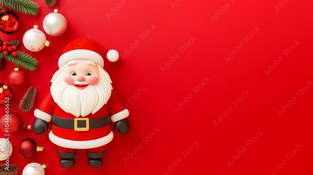 A red background with a smiling santa standing in front of it A red background with a smiling santa standing in front of it