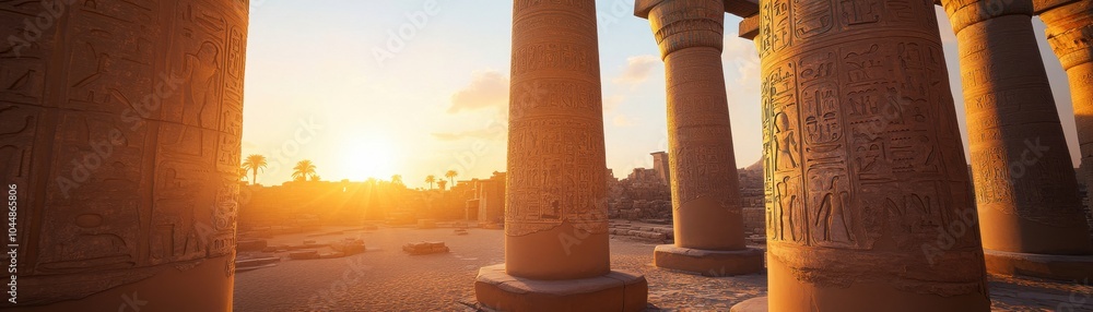 Obraz premium Majestic view of ancient columns under a vibrant sunset, casting beautiful shadows across the historic landscape.