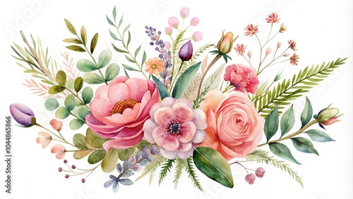 Fototapeta Naklejka Na Ścianę i Meble -  Floral vector collection. Flowers decoration of red and peach rose flowers, leaves, branches. Romantic botanic elements for wedding or greeting card design. pink watercolor arrangements with flowers