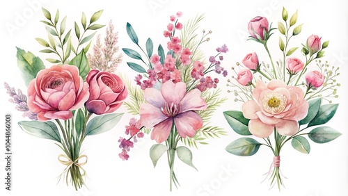 Floral vector collection. Flowers decoration of red and peach rose flowers, leaves, branches. Romantic botanic elements for wedding or greeting card design. pink watercolor arrangements with flowers