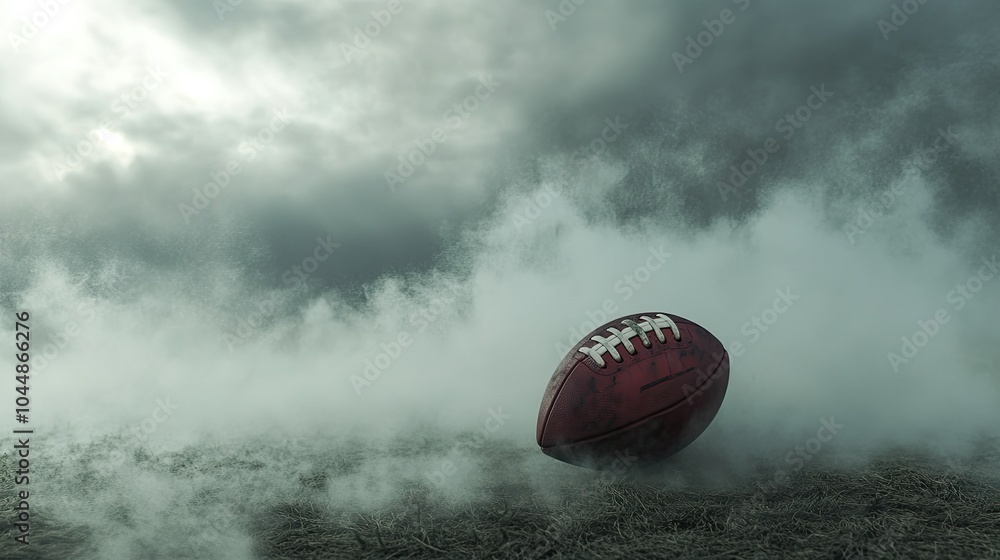 A lone football on a misty, smoke-filled field, creating an intense atmosphere of anticipation. A lone football on a misty, smoke-filled field, creating an intense atmosphere of anticipation.