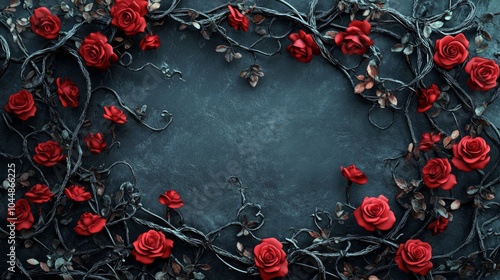 Fototapeta Naklejka Na Ścianę i Meble -  Elegant red roses entwined in dark and twisting vines set against a textured background, evoking a sense of romance and mystery in nature's artistry.