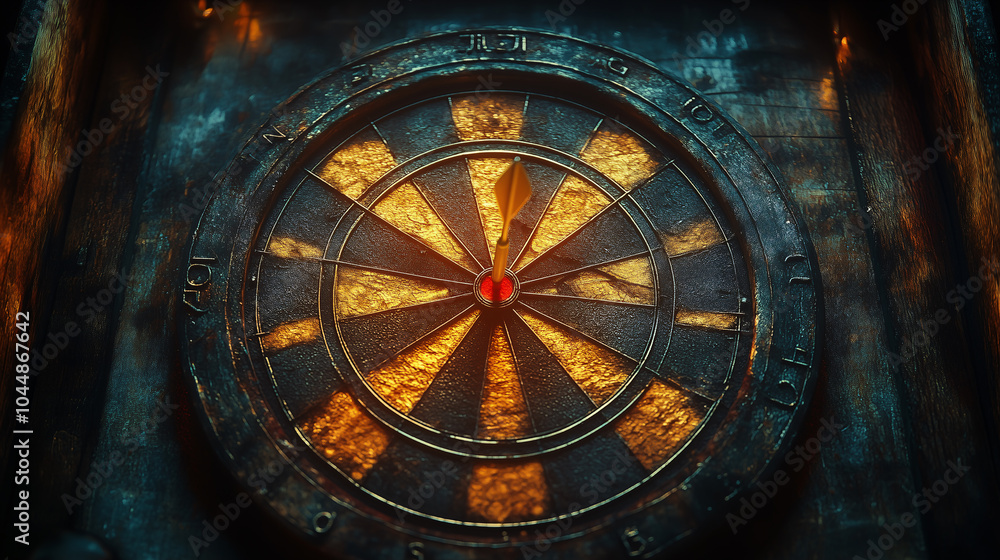 Obraz premium Dart hitting the bullseye of a vintage dartboard, symbolizing the achievement of goals