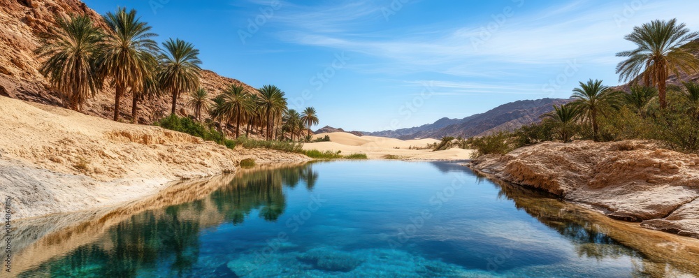 Obraz premium Serene landscape featuring a tranquil oasis with palm trees and clear blue water, set against dramatic mountain scenery.