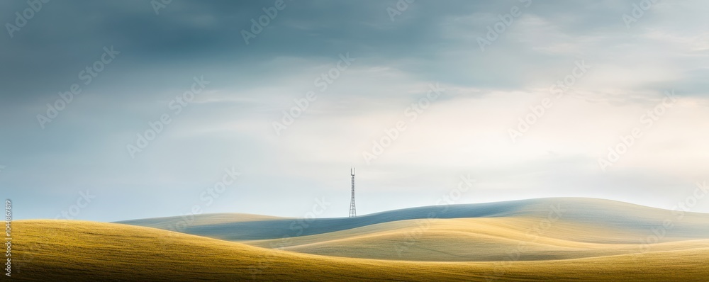 Obraz premium Serene landscape with gentle hills and a solitary tower under a dramatic sky, perfect for evoking calm and isolation.