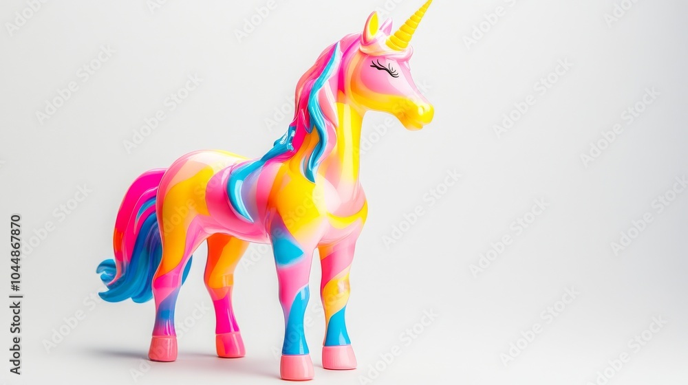 Obraz premium A colorful unicorn toy stands out against a plain white backdrop.