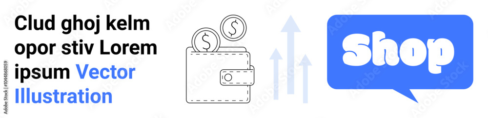Wallet with coins and upward arrows signifying growth. Blue shop button and placeholder text. Ideal for finance, e-commerce, online shopping, business growth, marketing. Banner for landing page Wallet with coins and upward arrows signifying growth. Blue shop button and placeholder text. Ideal for finance, e-commerce, online shopping, business growth, marketing. Banner for landing page