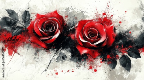 Fototapeta Naklejka Na Ścianę i Meble -  Two striking red roses against a white background, accented with splashes and smudges of black and red, creating a dynamic, artistic presentation.