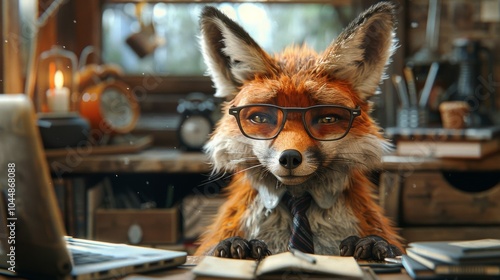 Anthropomorphic fox in glasses and a tie, working at a desk with a laptop in a modern office. Highlighting a professional setting with a whimsical touch, ideal for corporate themes. photo