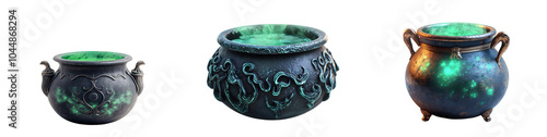 A witchs cauldron ornament bubbling over with glowing green mist and potions