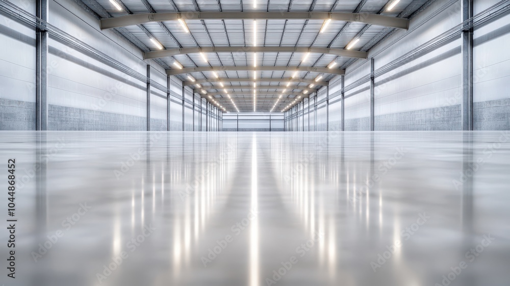 Spacious and bright industrial interior with a polished floor and modern lighting, perfect for showcasing products or events. Spacious and bright industrial interior with a polished floor and modern lighting, perfect for showcasing products or events.