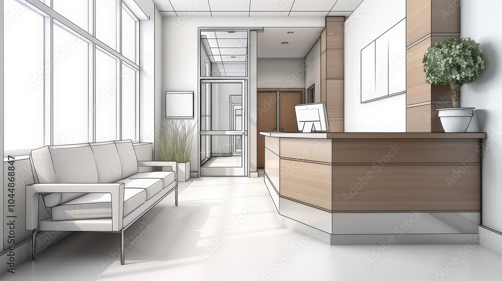 modern office reception area featuring sleek desk and comfortable waiting chairs. bright space is enhanced by natural light and minimalistic decor, creating welcoming atmosphere modern office reception area featuring sleek desk and comfortable waiting chairs. bright space is enhanced by natural light and minimalistic decor, creating welcoming atmosphere