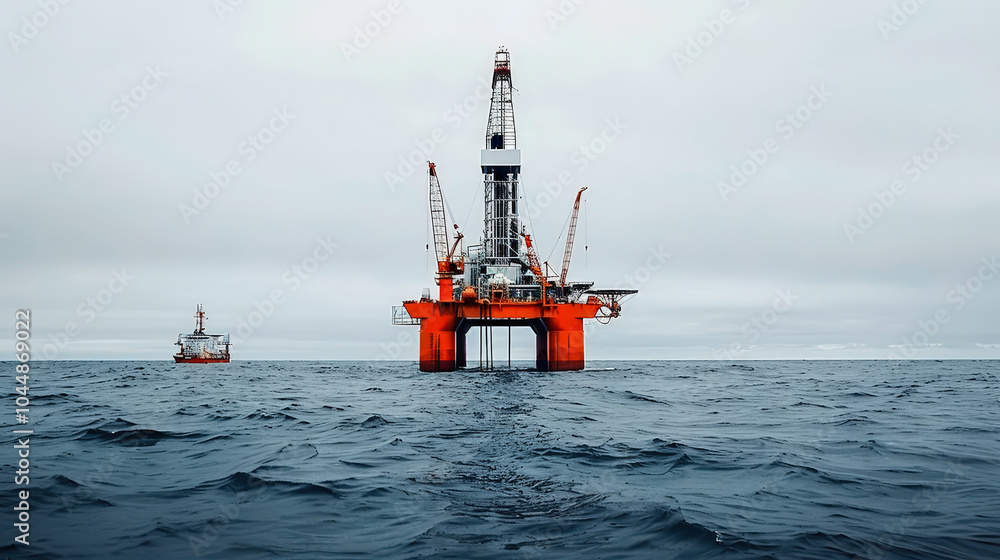 Offshore drilling rig in ocean with cloudy sky, showcasing industrial operations and marine environment. scene reflects scale and complexity of offshore energy extraction Offshore drilling rig in ocean with cloudy sky, showcasing industrial operations and marine environment. scene reflects scale and complexity of offshore energy extraction