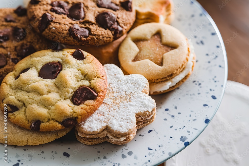 A close-up view of several cookies placed on a white plate with blue speckles A close-up view of several cookies placed on a white plate with blue speckles