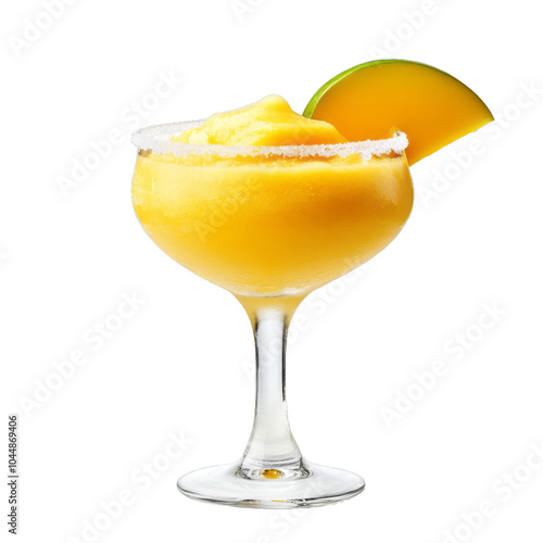 Frozen mango margarita in a frosted glass with a sugared rim and mango slice isolated on a transparent background 
