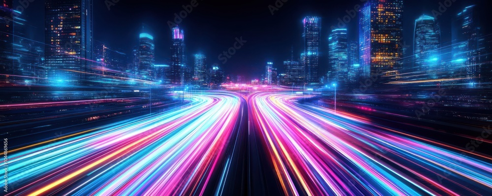 Vibrant cityscape at night with dynamic light trails and urban skyline, showcasing the beauty of modern architecture and speed. Vibrant cityscape at night with dynamic light trails and urban skyline, showcasing the beauty of modern architecture and speed.