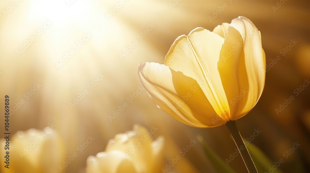 Fototapeta premium Bright Yellow Tulip Bloom with Sunlight Rays