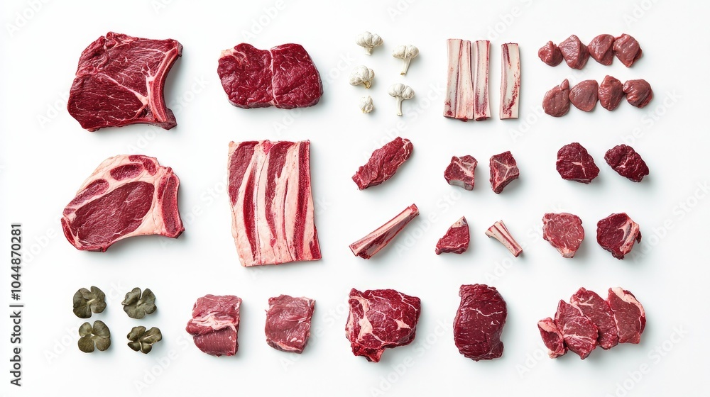 A clean flat-lay of labeled beef cuts like ribeye, T-bone, and skirt steak, arranged on a white background, perfect for butchery education. A clean flat-lay of labeled beef cuts like ribeye, T-bone, and skirt steak, arranged on a white background, perfect for butchery education.