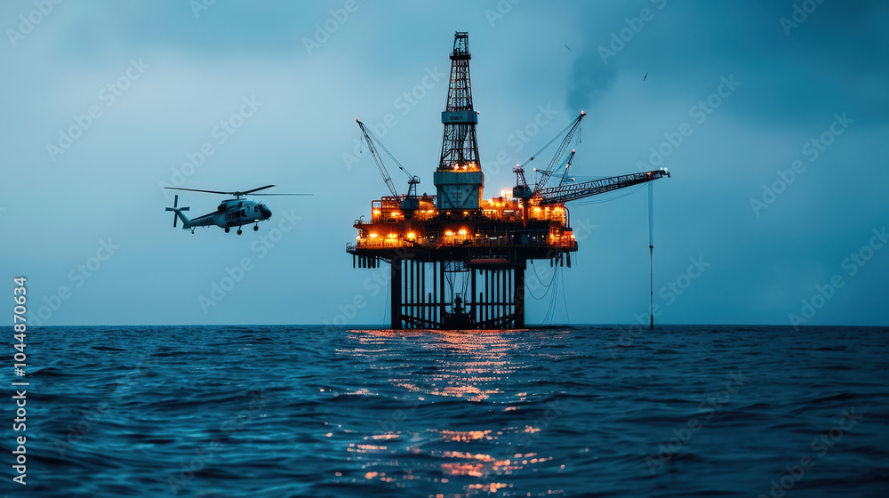 Offshore oil platform illuminated by bright lights, surrounded by calm waters. helicopter approaches platform, showcasing industrial activity in serene environment Offshore oil platform illuminated by bright lights, surrounded by calm waters. helicopter approaches platform, showcasing industrial activity in serene environment