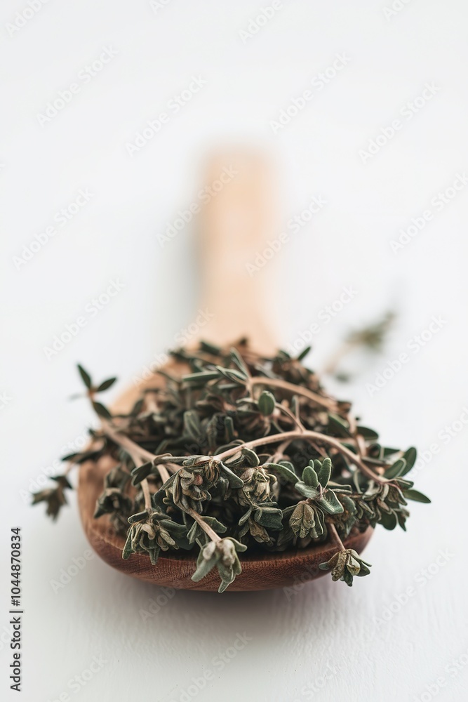 Fototapeta premium Dried thyme on wooden spoon on white background