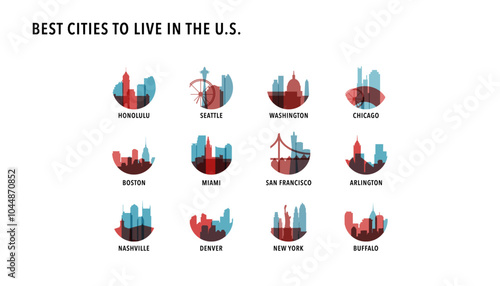 Best USA cities to live - logos, icons for infographics, index, presentation, rankings - Honolulu, Seattle, Washington, Chicago, Boston, Miami, San Francisco, Arlington, Nashville