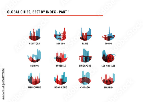 Best global cities logos, icons for infographics, index, presentation, ranking - New York, London, Paris, Tokyo, Beijing, Brussels, Singapore, Los Angeles, Melbourne, Hong Kong, Chicago, Madrid