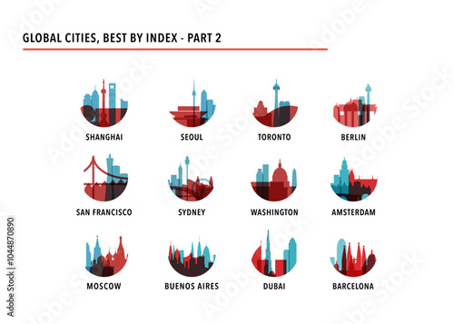 Best global cities logos, icons for infographics, index, presentation, ranking - Shanghai, Seoul, Toronto, Berlin, San Francisco, Sydney, Washington, Amsterdam, Moscow, Buenos Aires, Dubai, Barcelona