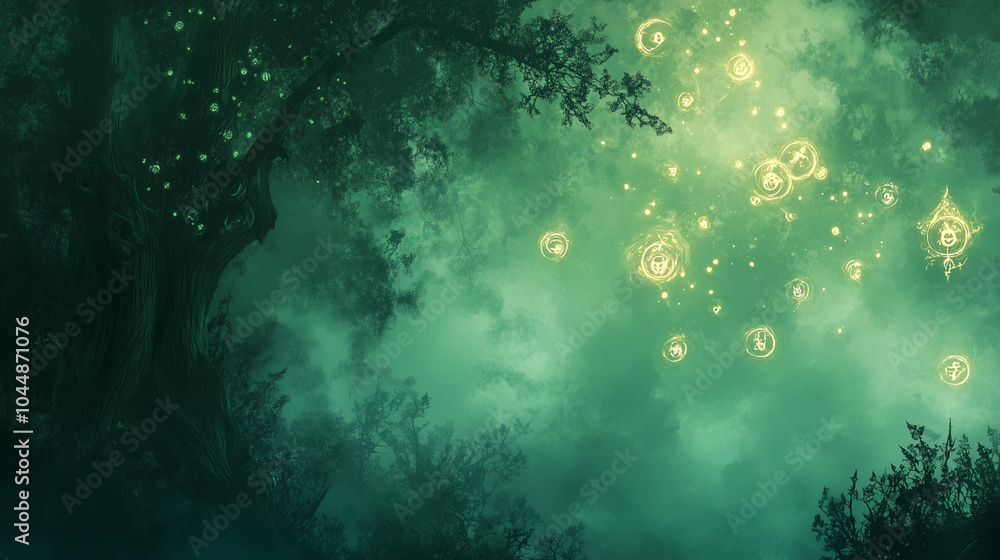 Fototapeta premium Enchanted Tree with Glowing Symbols in a Misty Forest