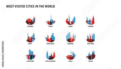 Most visited cities - logos, icons for infographics, index, presentation, ranking - Istanbul, Tokyo, Dubai, London, Paris, Bangkok, New York, Singapore, Seoul, Milan