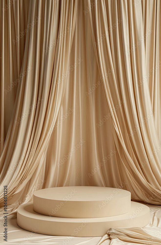 Luxurious 3D Rendered Podium with Champagne-Colored Silk Curtains for a Sophisticated Display Luxurious 3D Rendered Podium with Champagne-Colored Silk Curtains for a Sophisticated Display