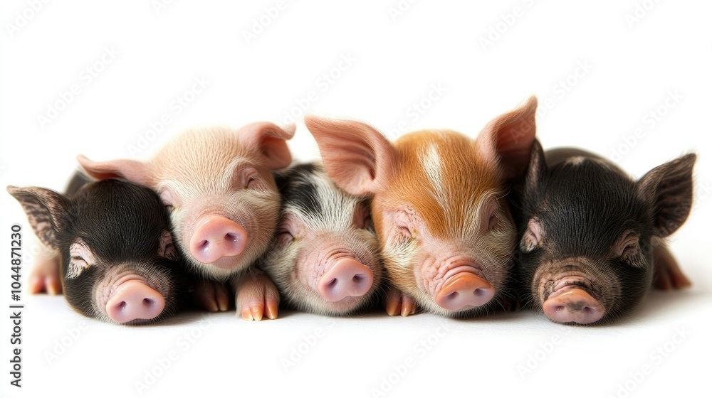 A group of piglets huddled together on a white background, their tiny snouts and ears creating a heartwarming farm scene. A group of piglets huddled together on a white background, their tiny snouts and ears creating a heartwarming farm scene.