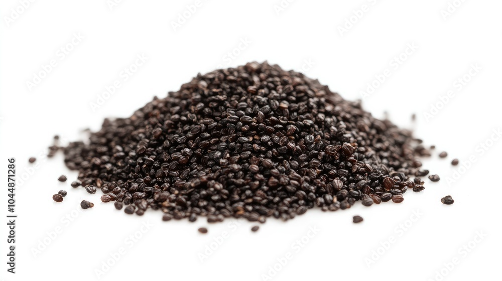 A neat pile of raw riceberry rice grains, displayed on a pure white background, capturing their rich, dark hue and unique texture. A neat pile of raw riceberry rice grains, displayed on a pure white background, capturing their rich, dark hue and unique texture.