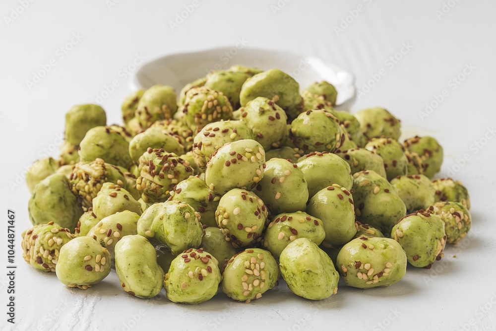 Pile of Spiced Wasabi Nuts above white background Pile of Spiced Wasabi Nuts above white background