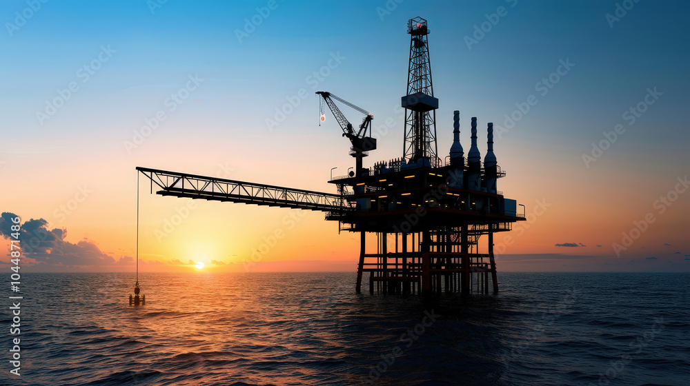 Offshore oil platform with cranes silhouetted against vibrant sunset over ocean, showcasing industrial activity and engineering marvels in serene environment Offshore oil platform with cranes silhouetted against vibrant sunset over ocean, showcasing industrial activity and engineering marvels in serene environment
