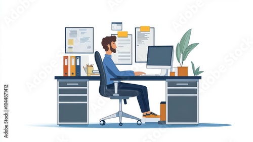 Task organization and assignment system in an office, 3D illustration, flat design, side view, workflow optimization theme, cartoon drawing, Splitcomplementary color scheme