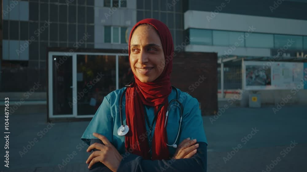 Young female doctor wearing blue uniform and red hijab during a break outside the hospital. Young female doctor wearing blue uniform and red hijab during a break outside the hospital.