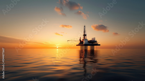 Offshore oil platform with drilling equipment silhouetted against vibrant sunset over calm waters, creating serene and industrial scene